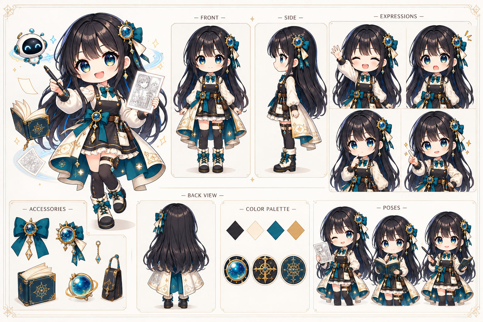 AI漫画キャラクターの正面・横向き・表情・ポーズをまとめたキャラクターシート