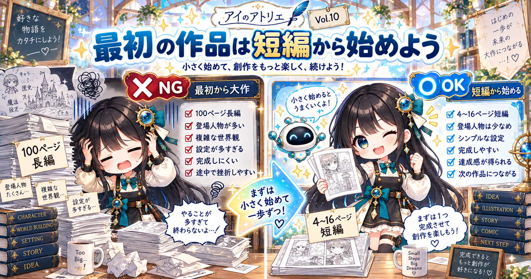 AI漫画初心者が100ページの大作ではなく4から16ページ程度の短編から始める比較図