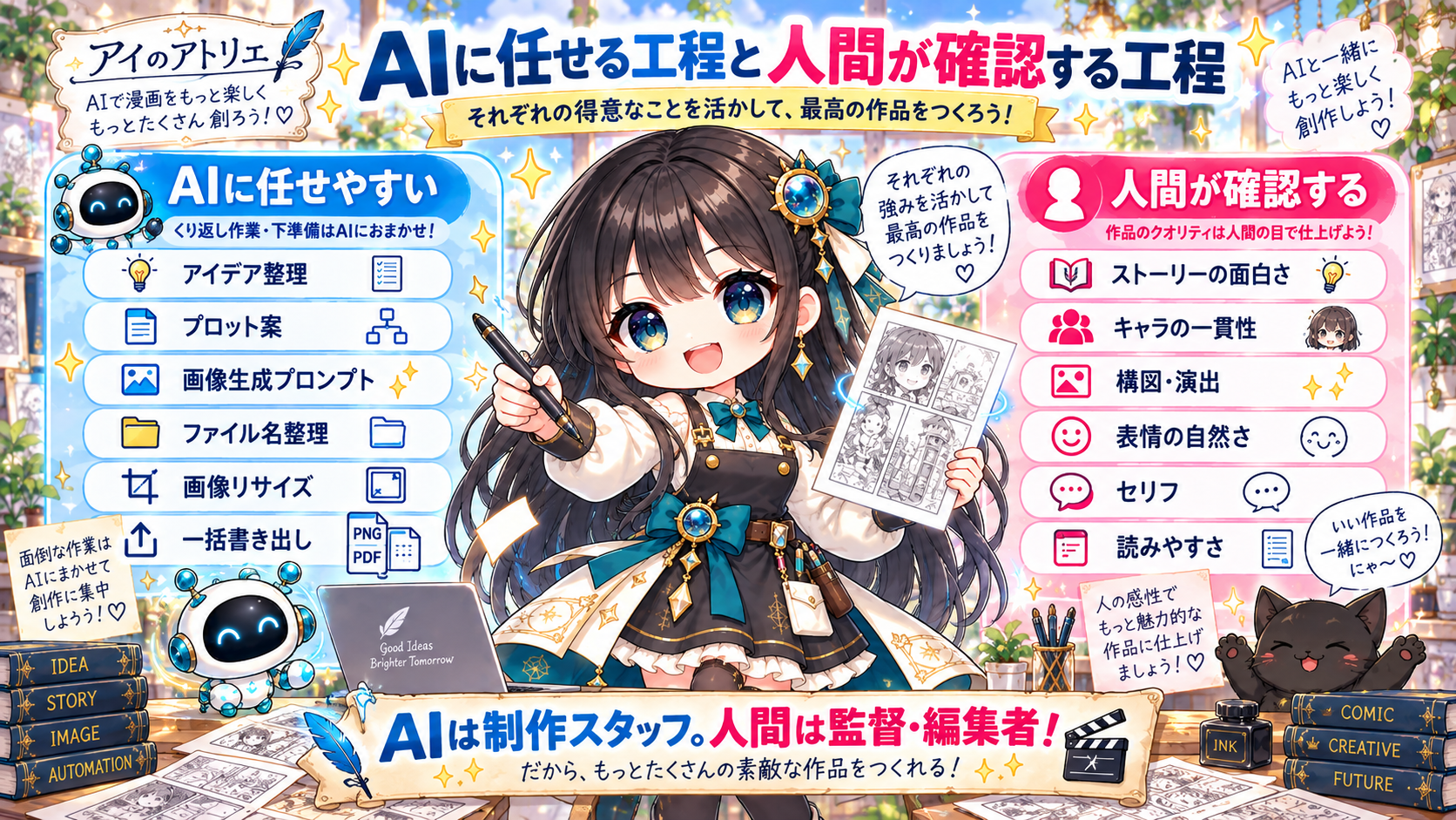 AI漫画制作でAIに任せやすい工程と人間が確認すべき工程を比較した図