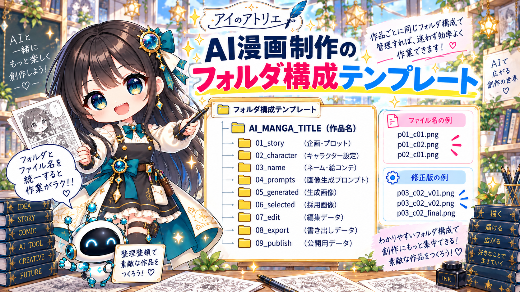AI漫画制作でストーリー・キャラクター・ネーム・生成画像・編集・書き出しを整理するフォルダ構成テンプレート