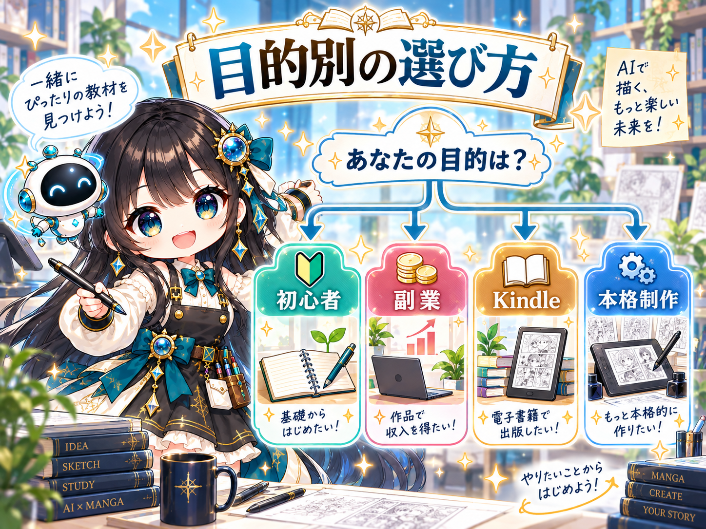 AI漫画教材を初心者・副業・Kindle・本格制作の目的別に選ぶ方法