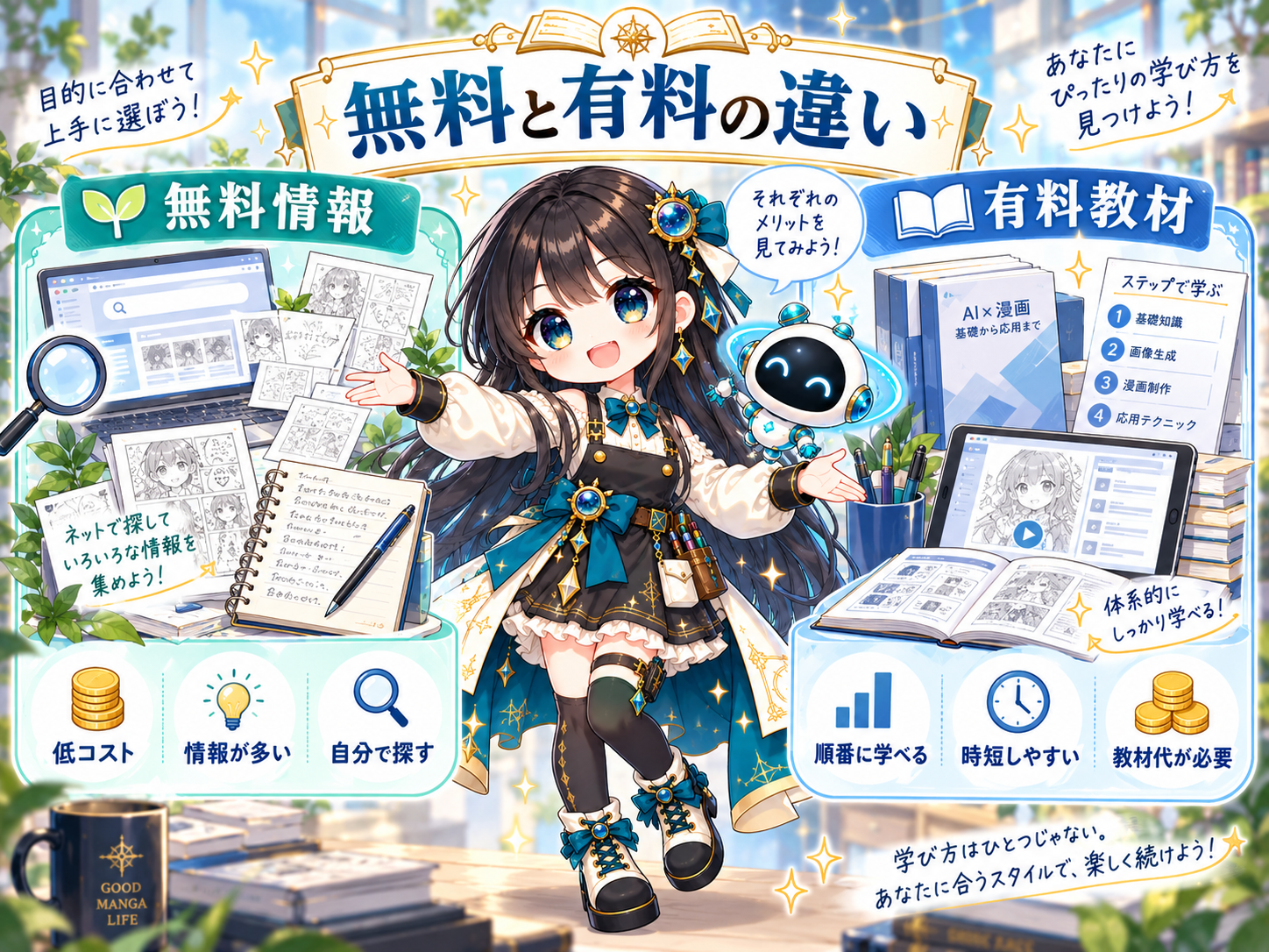 AI漫画を無料情報で学ぶ方法と有料教材で学ぶ方法の違い