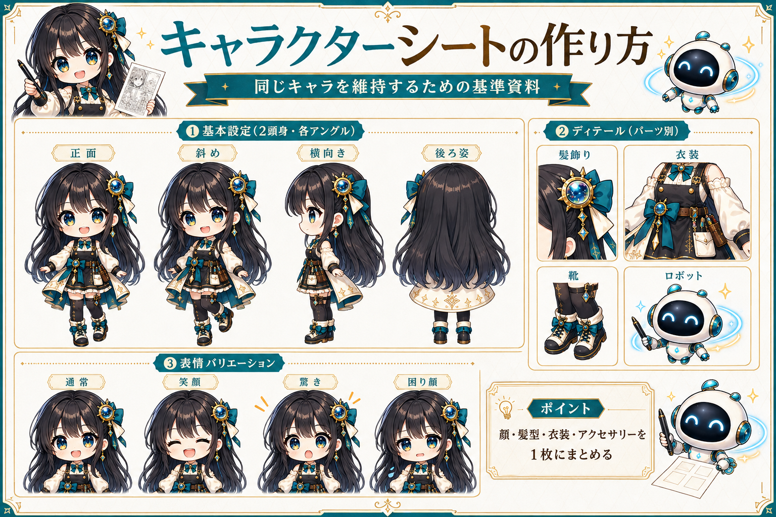 同じAI漫画キャラクターの正面・斜め・横向き・後ろ姿・表情・衣装をまとめたキャラクターシート