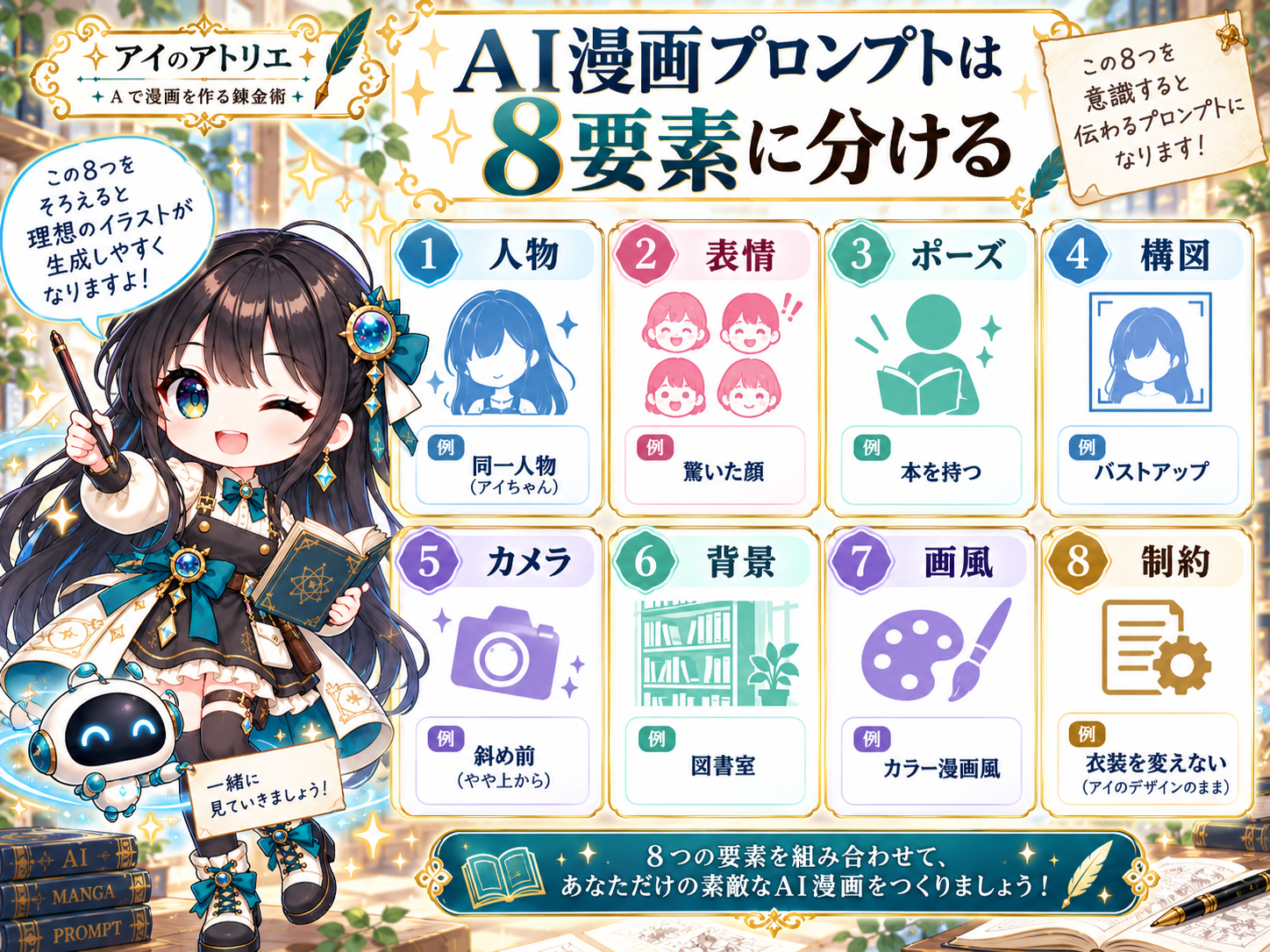 AI漫画プロンプトを人物・表情・ポーズ・構図・カメラ・背景・画風・制約の8要素に分けた図