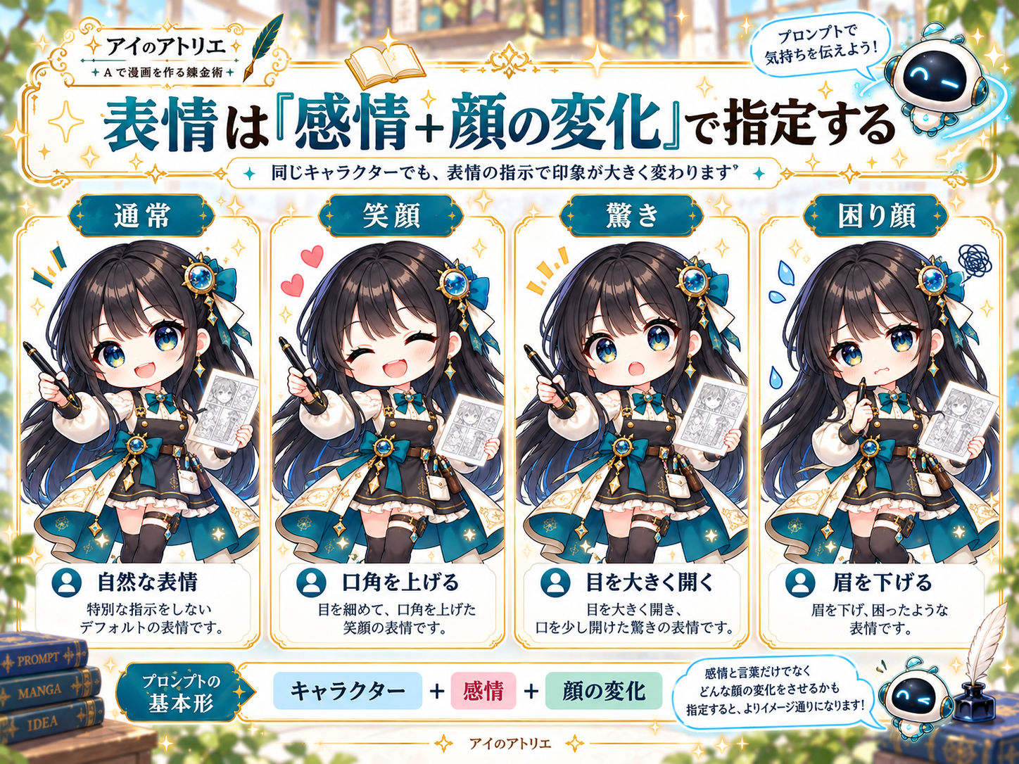 同じ2頭身キャラクターの表情をプロンプトの違いで比較した例