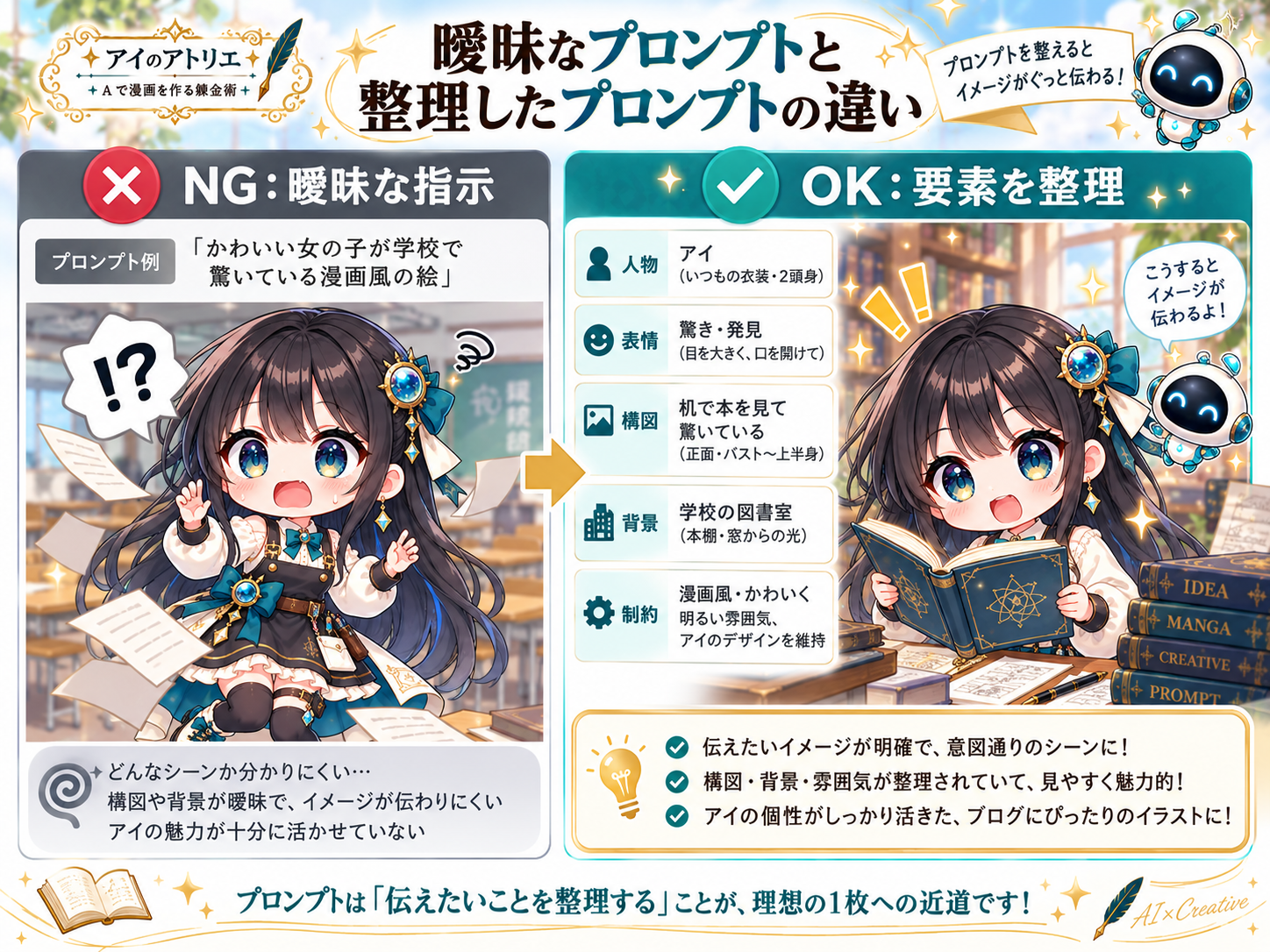 曖昧なAI漫画プロンプトと具体的に整理したプロンプトの生成結果を比較した例