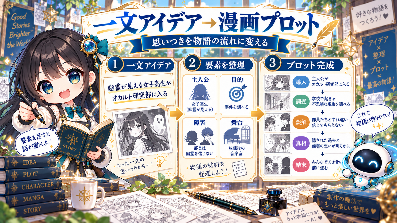 一文の漫画アイデアから主人公・目的・障害・転換点・クライマックス・結末へ展開する流れ