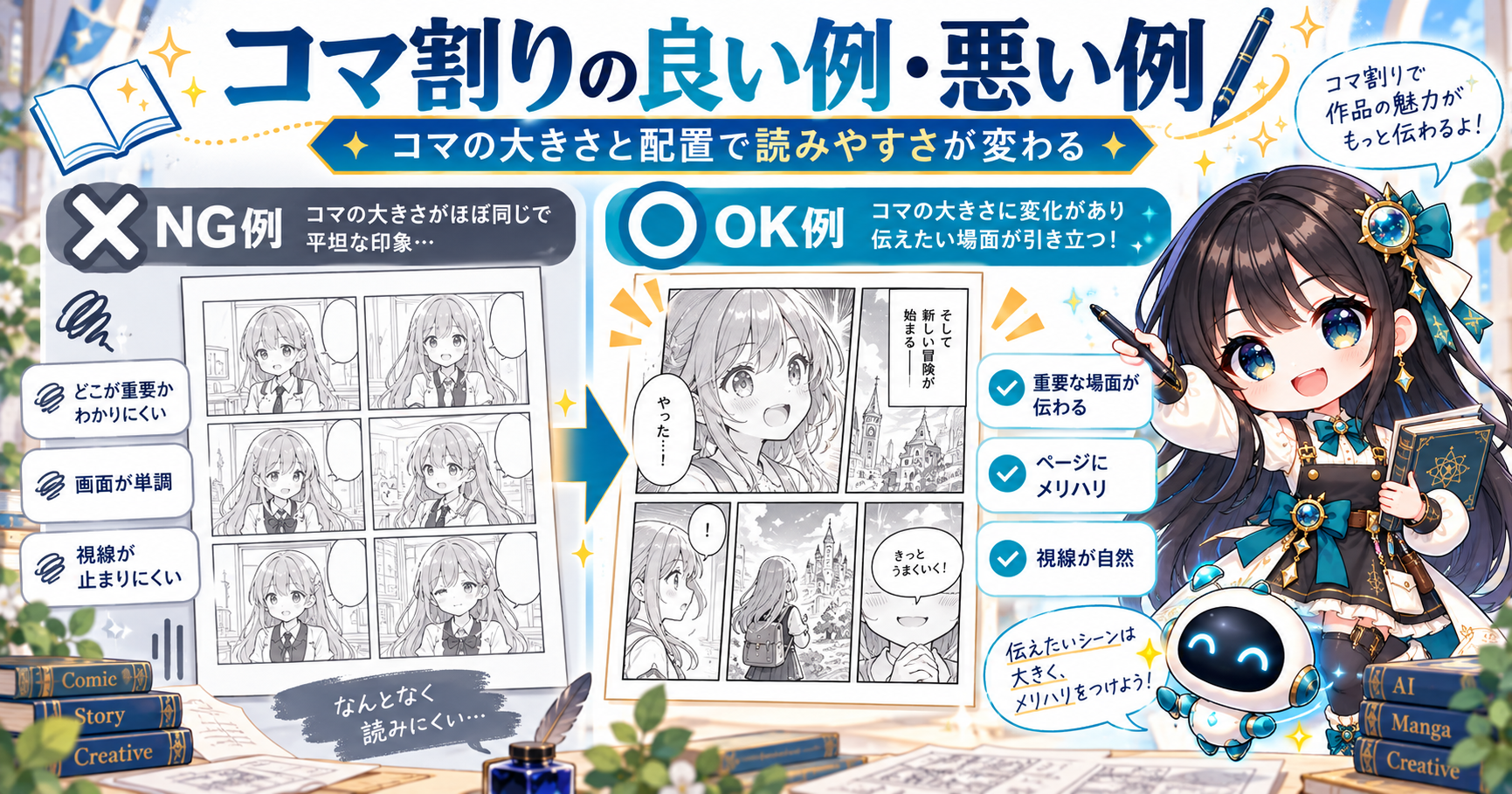 漫画ネームの1コマを構図・表情・背景・余白を指定したAI画像生成プロンプトへ変換する例