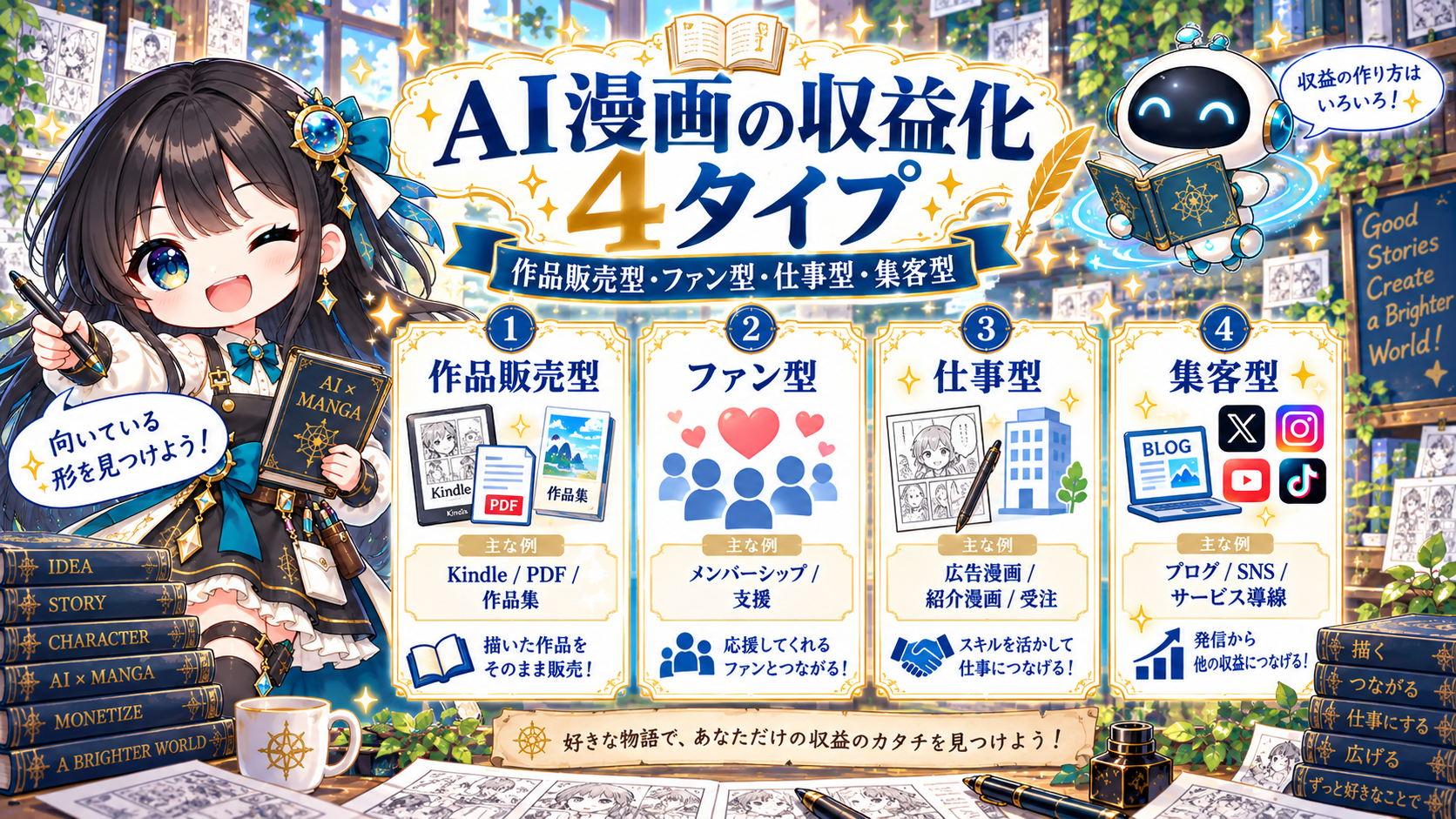 AI漫画で稼ぐ7つの方法を電子書籍販売・デジタル販売・有料コンテンツ・月額支援・制作受注・SNS集客・ブログ集客に分けた比較図