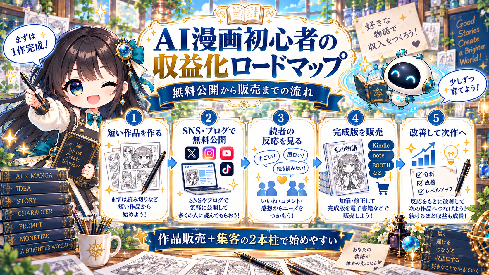 AI漫画の収益化を作品販売型・ファン型・仕事型・集客型の4タイプに分類した図