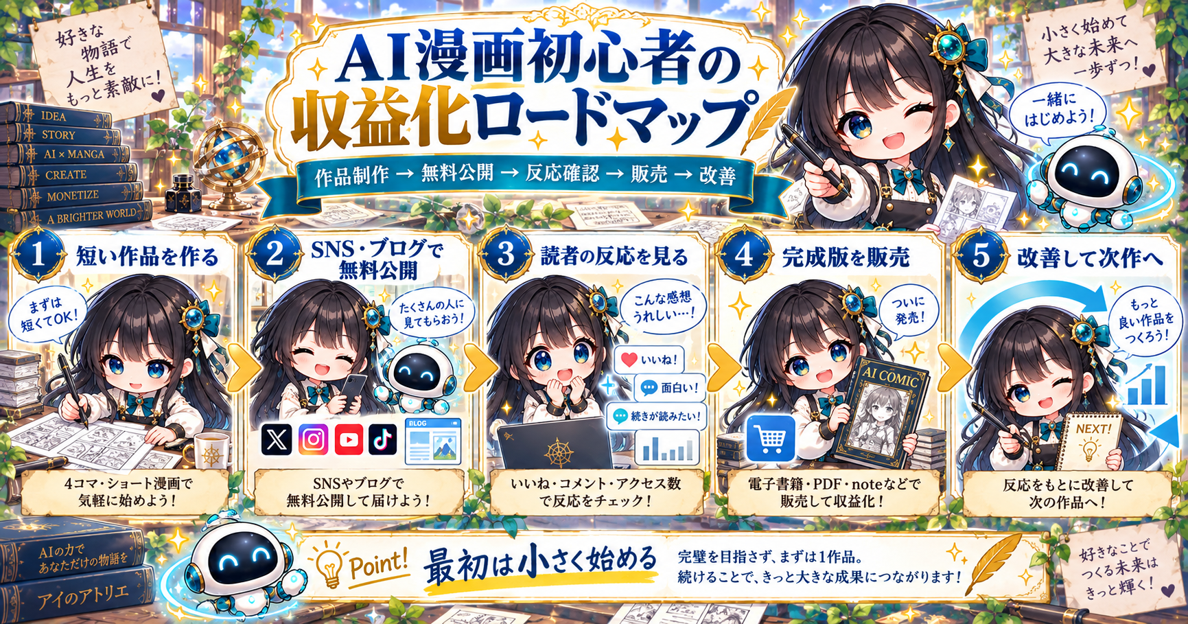 AI漫画初心者が短い作品を作りSNSやブログで無料公開し反応を見て完成版を販売する収益化ロードマップ