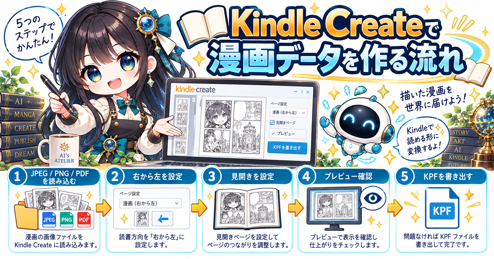 Kindle Createに漫画のJPEG・PNG・PDFを読み込み右から左の読書方向と見開きを設定してKPFを書き出す5ステップ