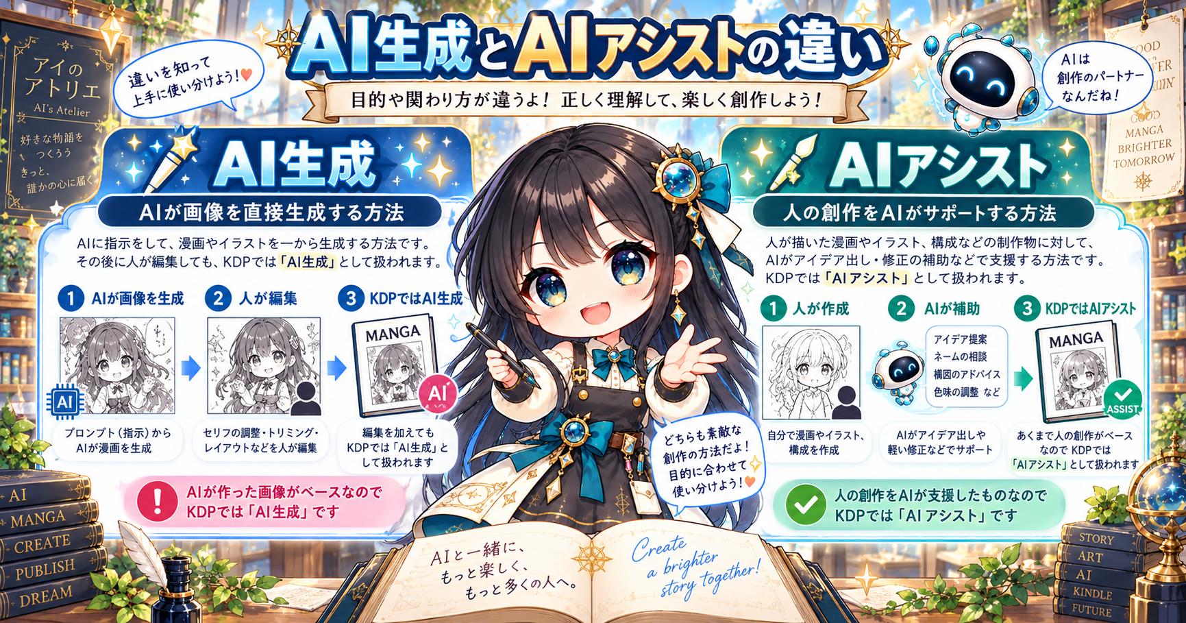 Kindle出版でのAI生成コンテンツとAIアシストの違いをAI漫画制作例で比較した図